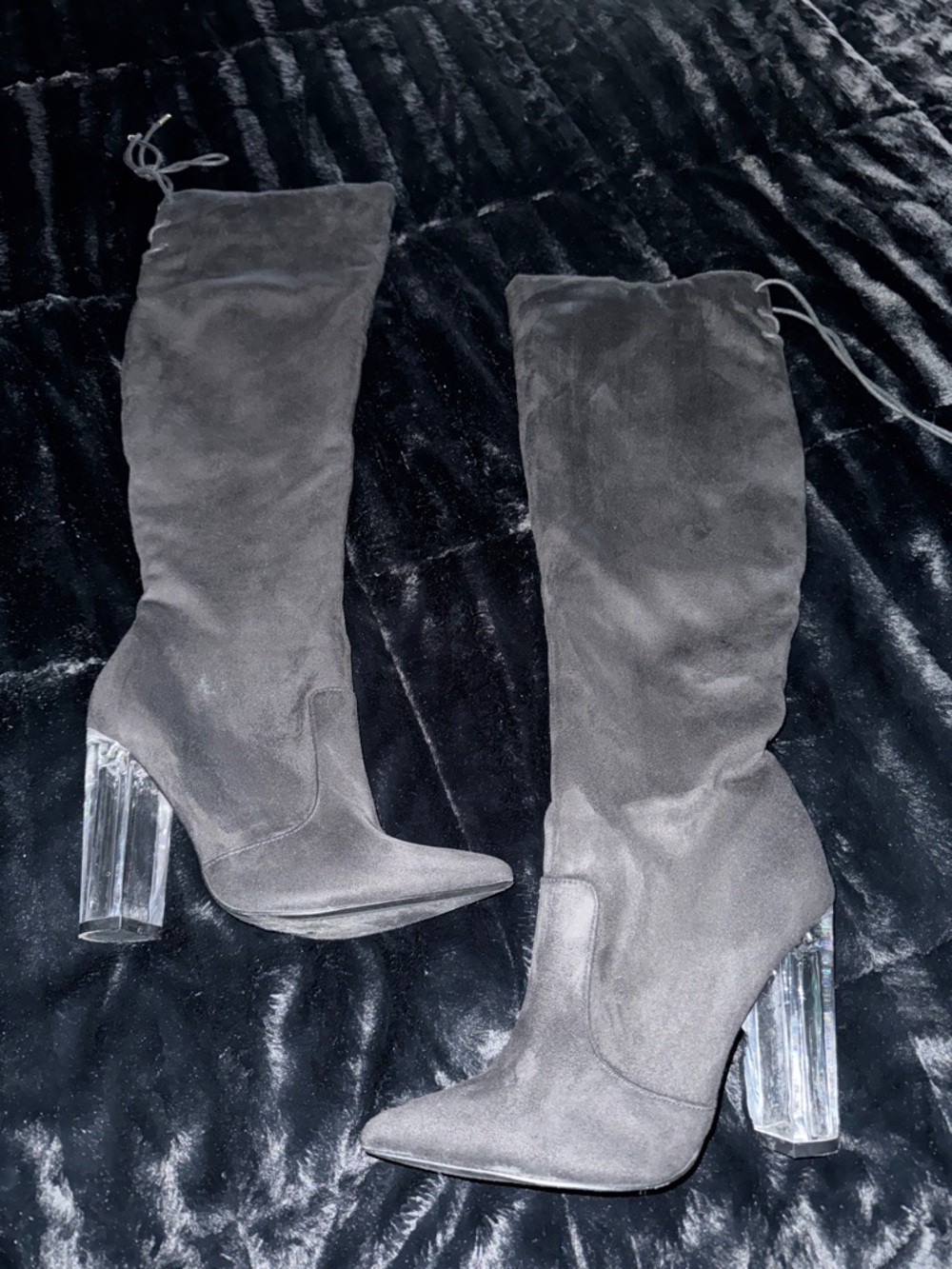 Fashion Nova Black Over-The-Knee Suede Boots with Clear Block Heel